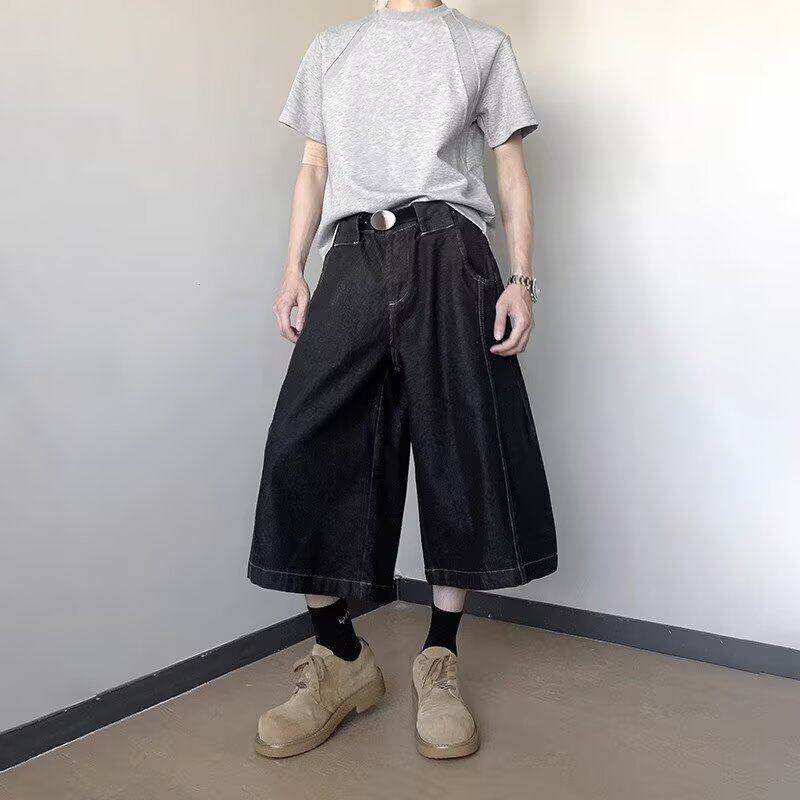 夏季黑色牛仔七分裤男韩版宽松直筒阔腿裤日系休闲百搭垂感老爹裤