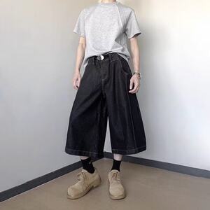 夏季黑色牛仔男阔腿七分休闲裤