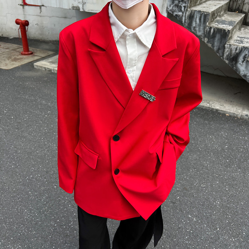 ins炸街潮服走秀男kai同款西装大红色影楼主题大码西装痞帅外套男