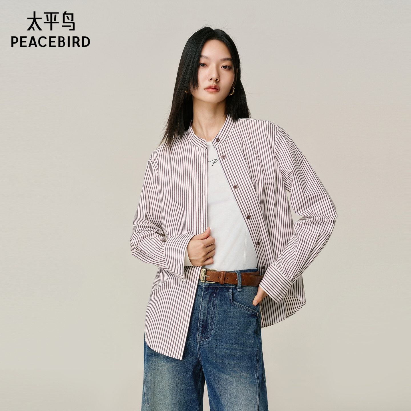 太平鸟葡萄紫廓形图案长袖衬衫