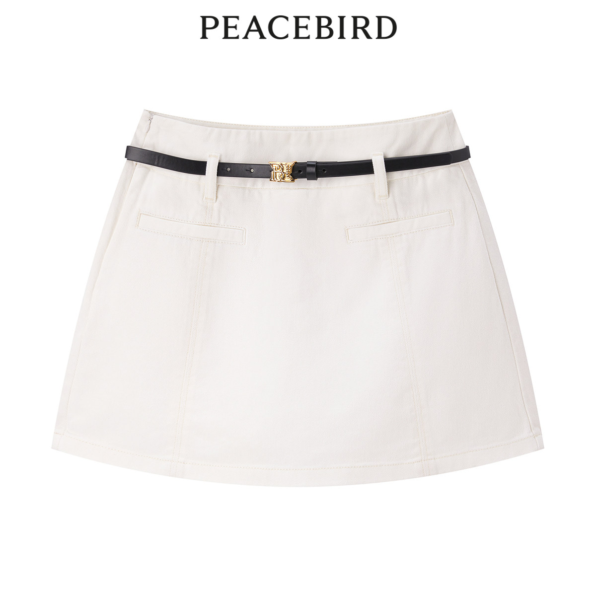 太平鸟2025夏季白色附腰带高腰A字牛仔裙裤短裤A1HBE253