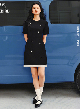 【张婧仪同款】太平鸟黑珍珠夏MINGMA联名收腰连衣裙短A1FAF2184