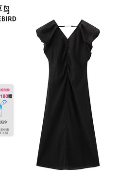 太平鸟黑色V领无袖连衣裙夏装新款小黑裙品质连身裙A1FAF2550