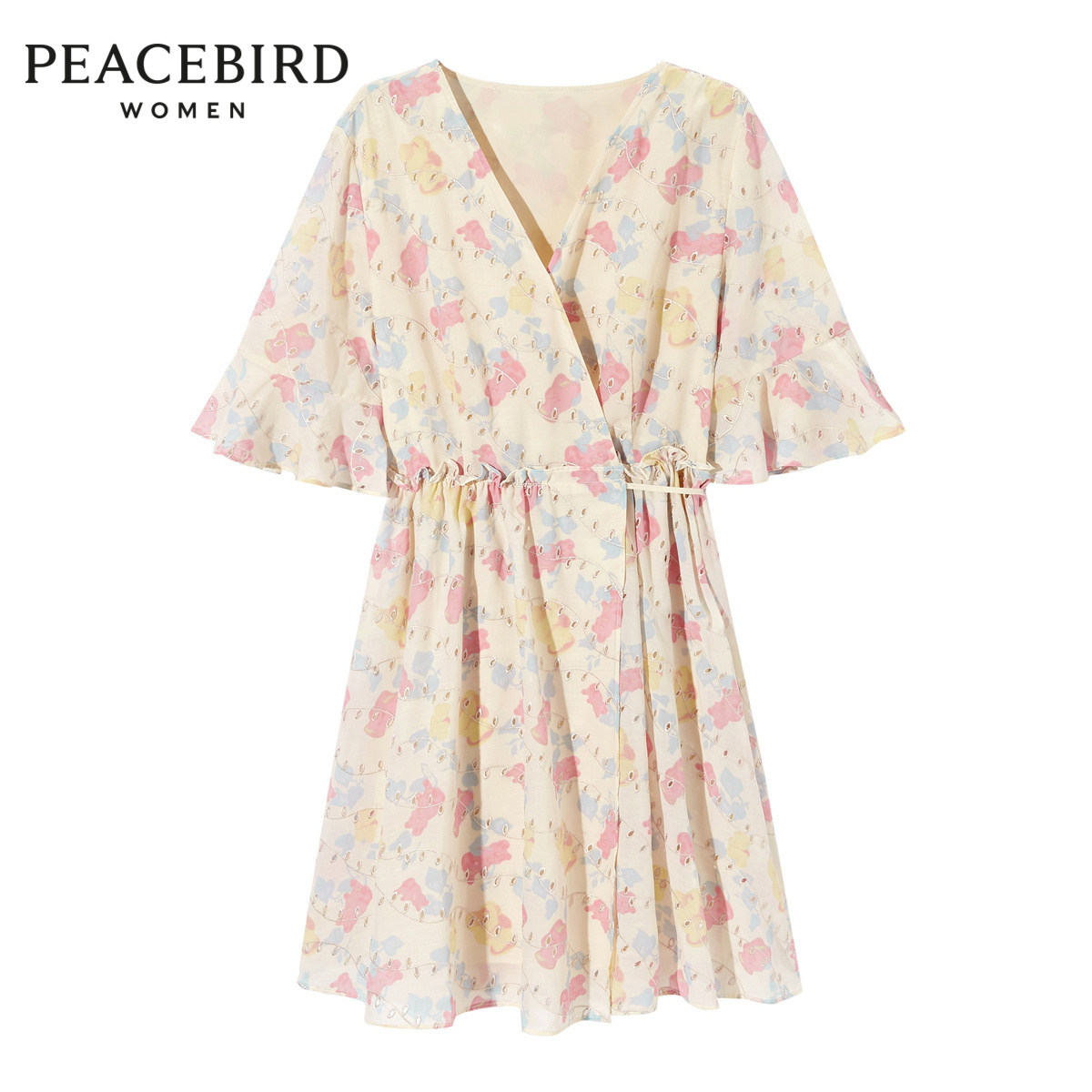 【商场同款】太平鸟女2020春夏新款系带收腰荷叶边甜美印花连衣裙