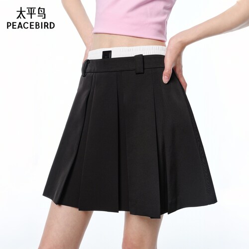太平鸟女装夏季新款挺括垂顺半身百褶A字短裙腰头拼接A3GEF2129