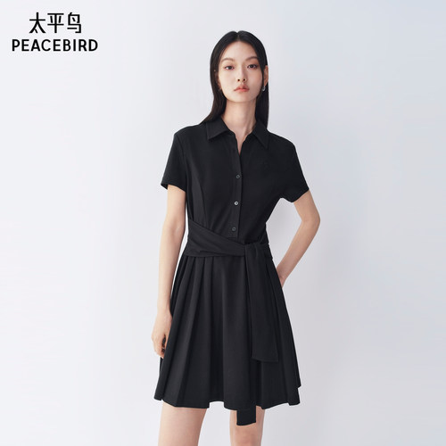 【商场同款】太平鸟衬衫连衣裙女夏新款黑色通勤百褶裙A3FAG2463