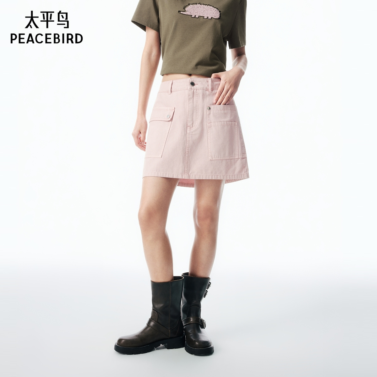 太平鸟浅粉色牛仔半身裙女