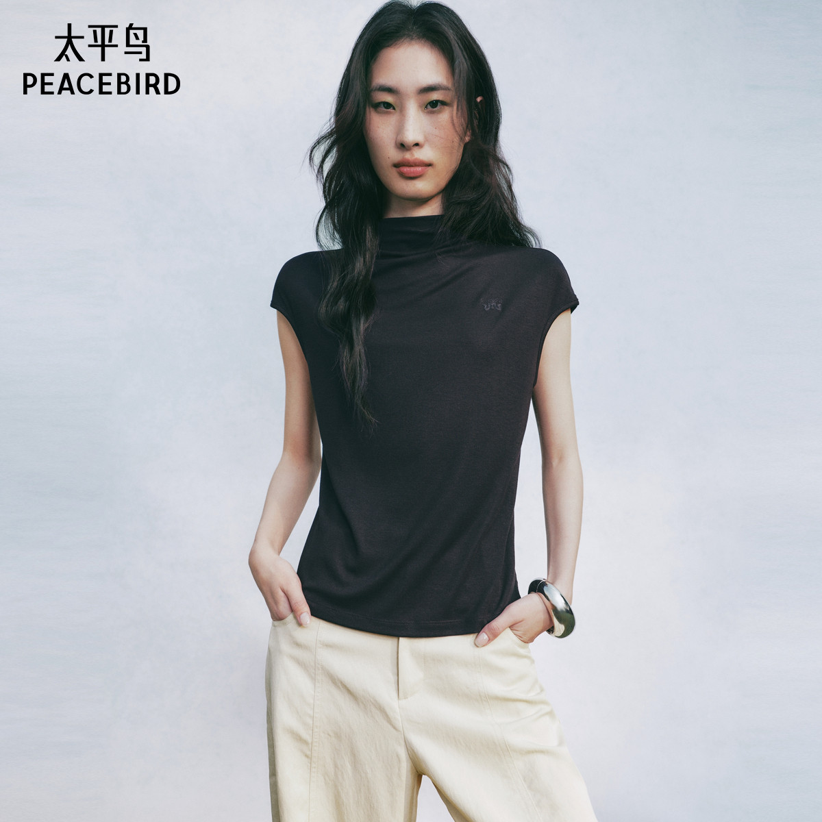 张风野联名 太平鸟无袖半高领醋酸短袖T恤25夏季新款通勤上衣多色