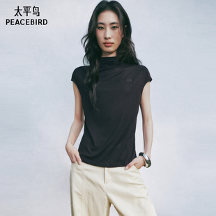 新款 张风野联名 T恤25夏季 半高领醋酸短袖 通勤上衣多色 太平鸟无袖