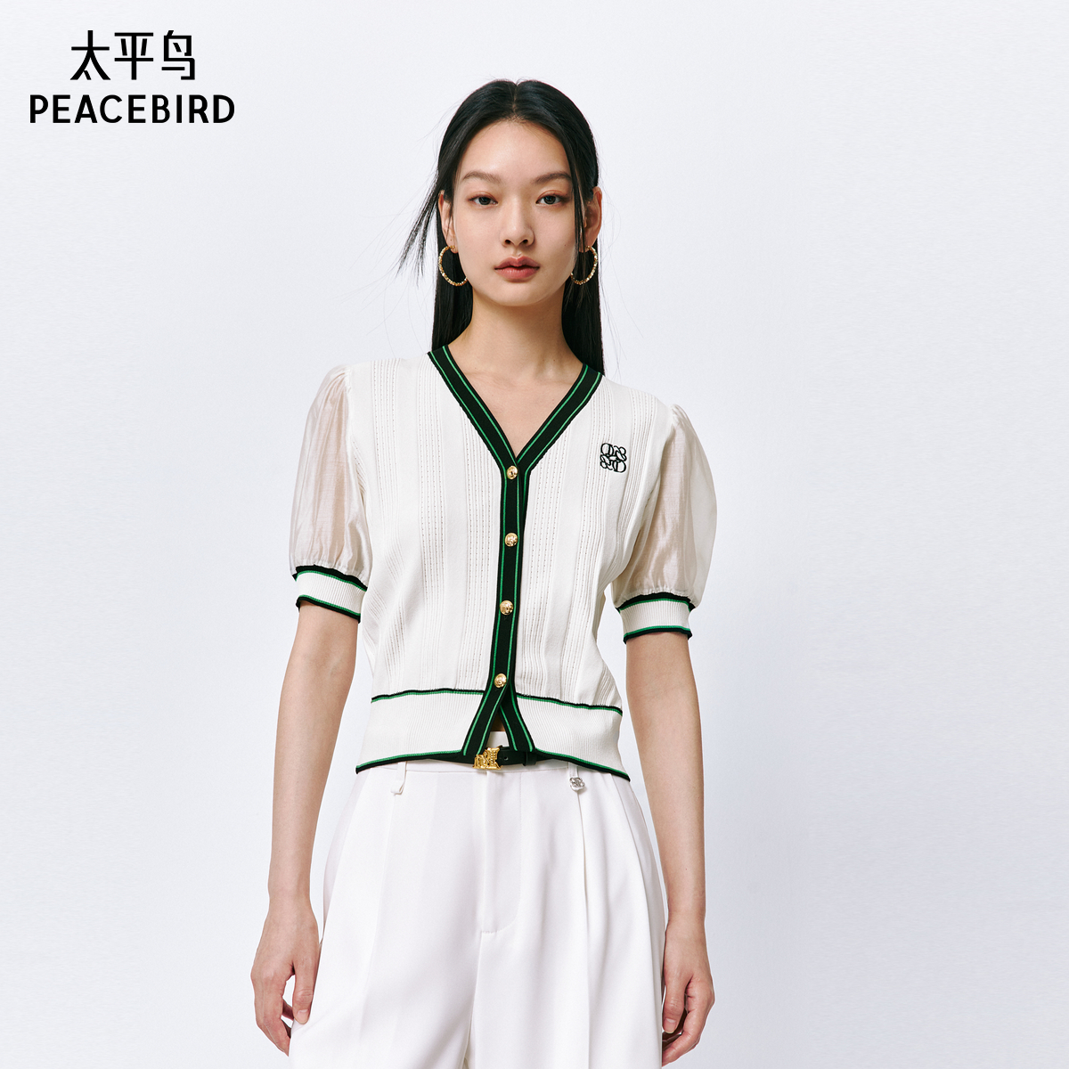 太平鸟短袖小香风针织开衫女夏装新款撞色拼接线针织上衣女
