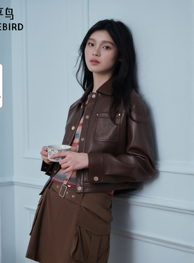 太平鸟款棕色PU皮衣夹克外套女开春小皮衣小个子短款A1BBE3407