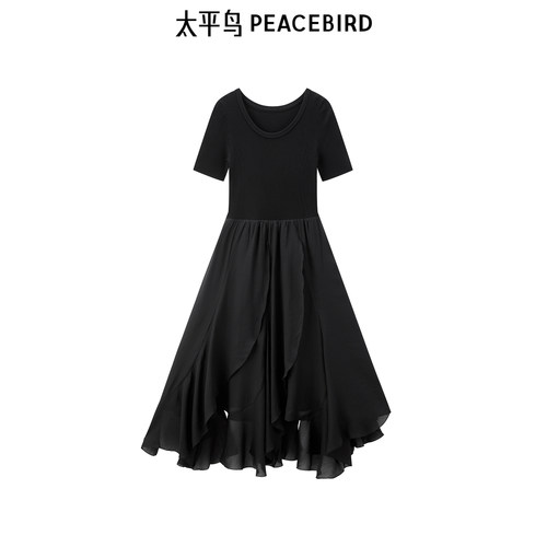 【商场同款】太平鸟女装黑色连衣裙女夏季新款收腰拼接A1FAF2749