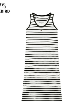 太平鸟女装黑白条纹背心连衣裙新款无袖直筒长裙A1FAF1428