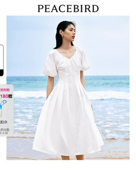 太平鸟女装法式优雅连衣裙夏款V领茶歇裙时尚度假白色收腰长裙