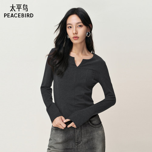 【商场同款】太平鸟莱赛尔混纺不规则领口修身长袖T恤女A3CPF4619