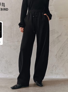 太平鸟高腰加绒弯刀运动裤秋冬款保暖加厚黑色茧型香蕉休闲裤女*