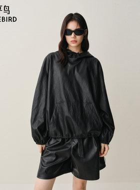 【商场同款】太平鸟25冬新款潮酷挺括PU皮连帽卫衣外套A1CRF420F