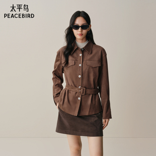 【商场同款】太平鸟25冬季新款麂皮可调节腰带长袖衬衫A3CAF4A13