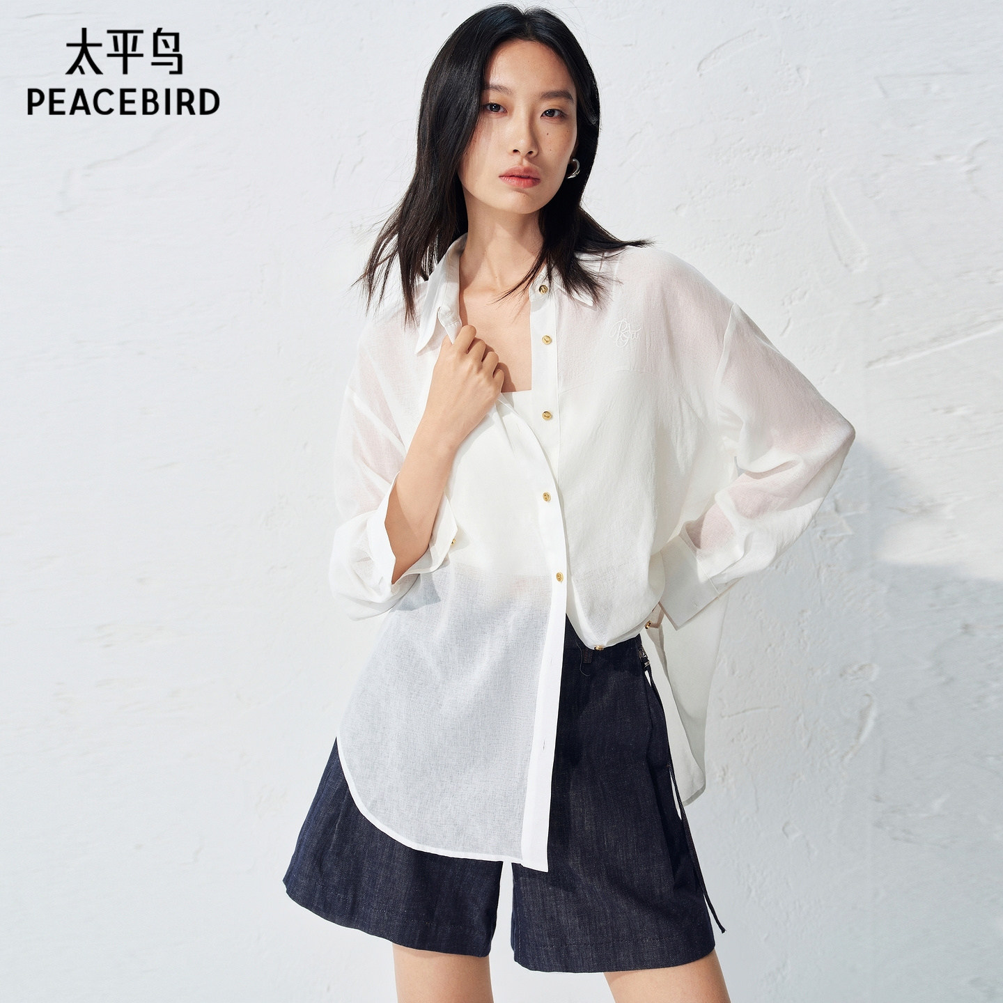 张婧仪同款太平鸟仿麻质感长袖衬衫春夏款女士绣花时尚衬衣薄上衣