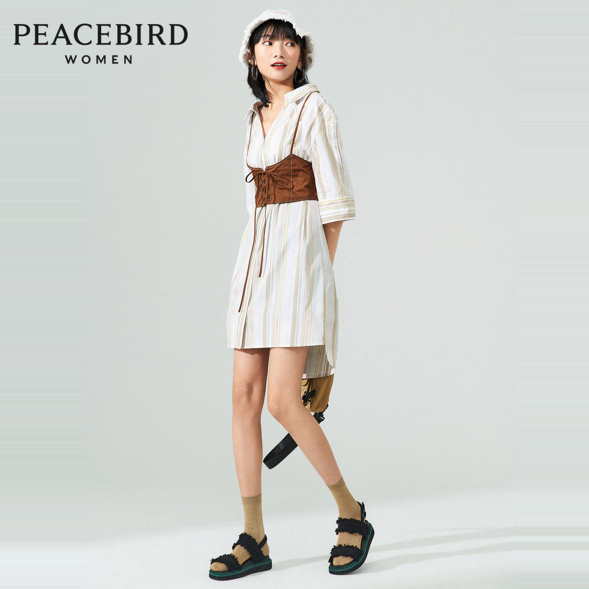 【商场同款】太平鸟休闲条纹连衣裙女2020春季新款宽松两件式裙子