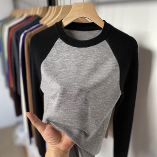 长袖 薄款 内搭毛衣 女秋冬修身 美丽诺纯羊毛撞色半高圆领针织打底衫