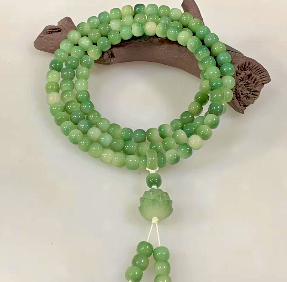天然绿飘花白玉菩提根108颗 多宝手持盘玩阴皮手串项链女念珠手链