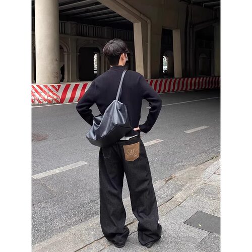 美式马毛真皮冈山原牛14.5盎司水洗直筒弯刀原色牛仔裤baggy长裤