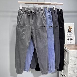 牛仔裤 耐磨干活休闲秋季 潮牌六兜袋弹力男士 新款 子 宽松束脚九分裤