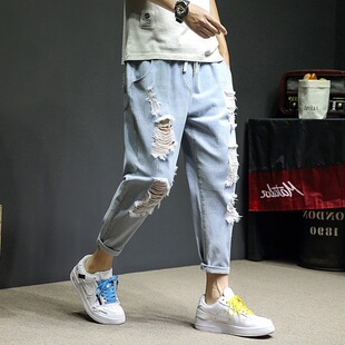 夏季薄款破洞牛仔裤男士潮牌宽松直筒痞帅乞丐九分裤高街休闲裤子