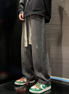 盐系炸街阔腿裤潮美式牛仔裤男女春季直筒显瘦松紧腰裤子韩版宽松