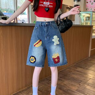 美式复古蓝色毛巾绣汉堡薯条牛仔短裤女夏季新款宽松bf五分裤中裤