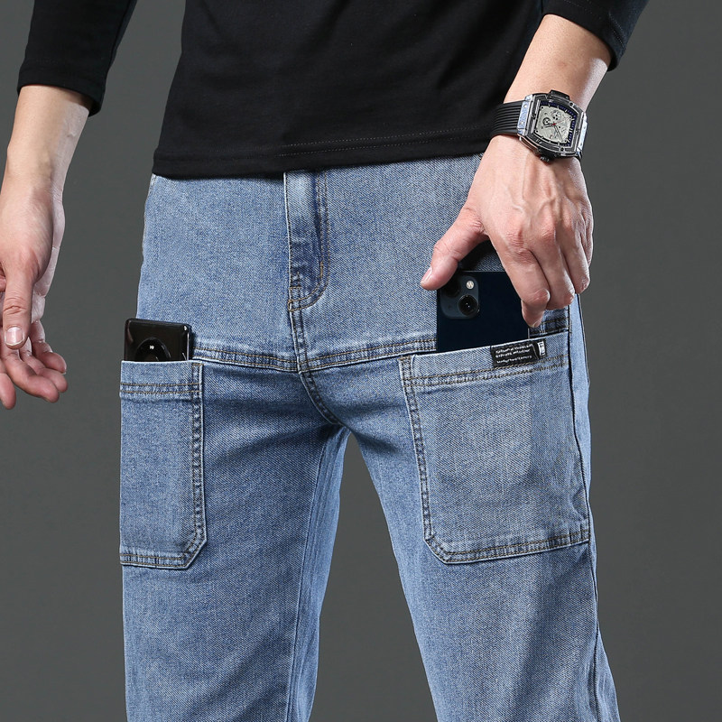 韩版牛仔裤男士春秋季新款宽松直筒广州新塘镇弹力多口袋长裤子
