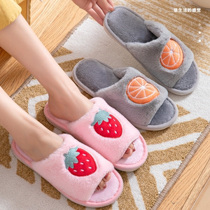 毛拖鞋女士刺绣开口露趾水果草莓西瓜居家木地板仿兔毛跨境棉拖鞋