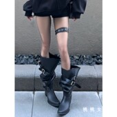 尖头皮带扣大筒围堆堆靴女2026春秋季 新款 辣妹高筒长靴粗跟骑士靴
