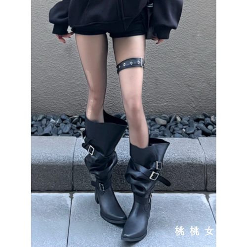尖头皮带扣大筒围堆堆靴女2025年