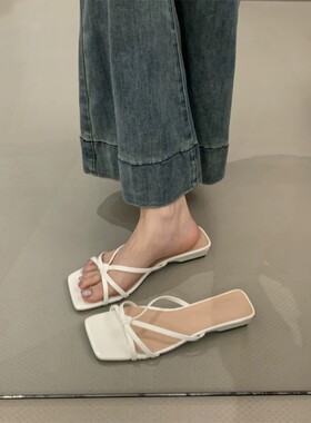 韩版低跟方头露趾一字拖鞋女夏季