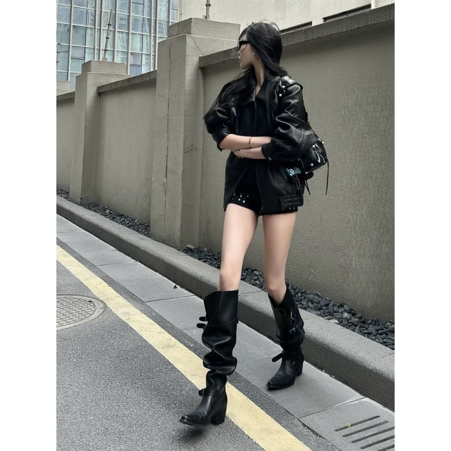 宽筒尖头长靴女辣妹粗跟褶皱堆堆靴增高长筒靴黑色西部骑士靴2026,女鞋,骑士靴,淘宝优惠券,粉丝福利购,淘宝优惠卷