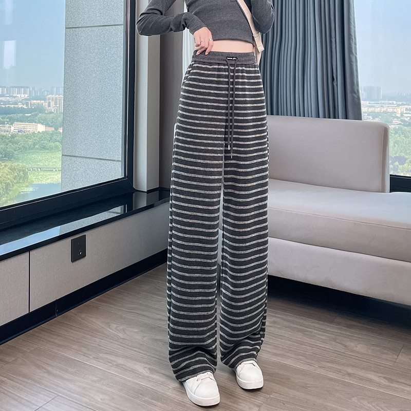 条纹阔腿裤女秋冬加绒针织休闲裤