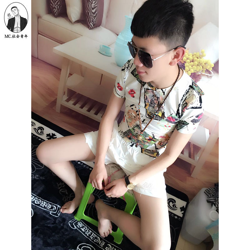 网红温柔的伟同款短袖花t恤衫男精神社会小伙修身印花T恤男紧身潮在类目 男装, T恤中 - 来自Buy2taobao.com提供专业的淘宝代购服务