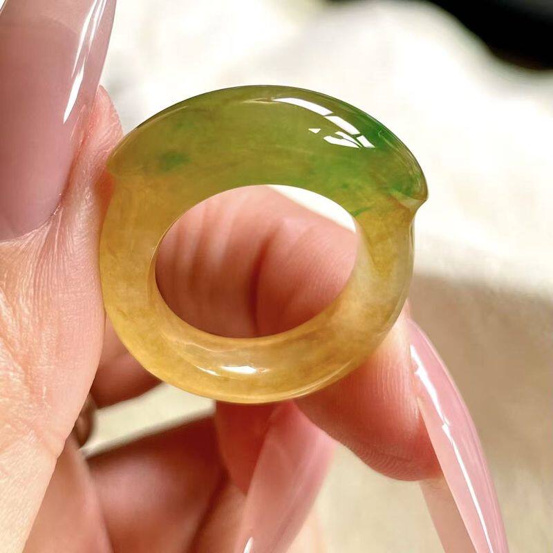 传其翠宝天然缅甸翡翠A货老坑黄加绿马鞍戒指底子细腻种水冰透