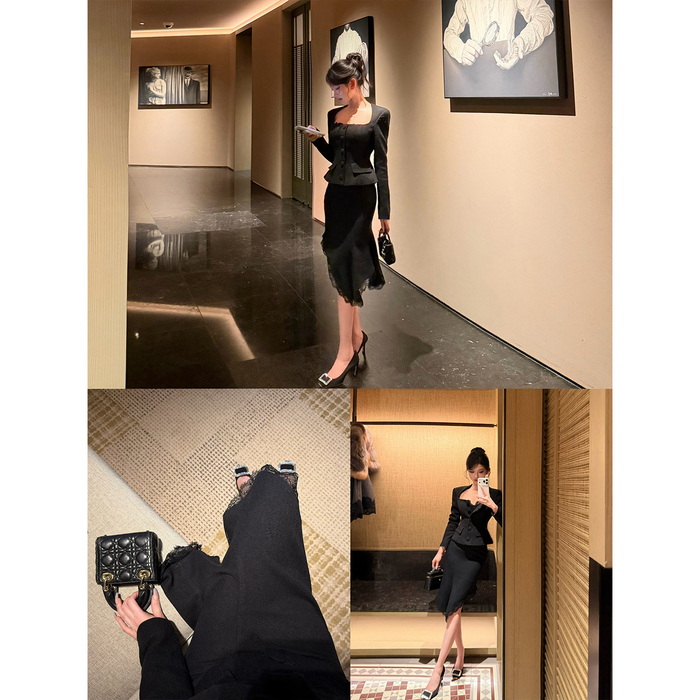 JAYKY YANG【蕾丝美学】蕾丝拼接不规则下摆半身裙高腰毛呢包臀裙