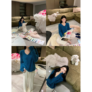 JAYKY YANG【王炸打底】绵羊毛山羊绒拉毛上衣宽松V领套头针织衫