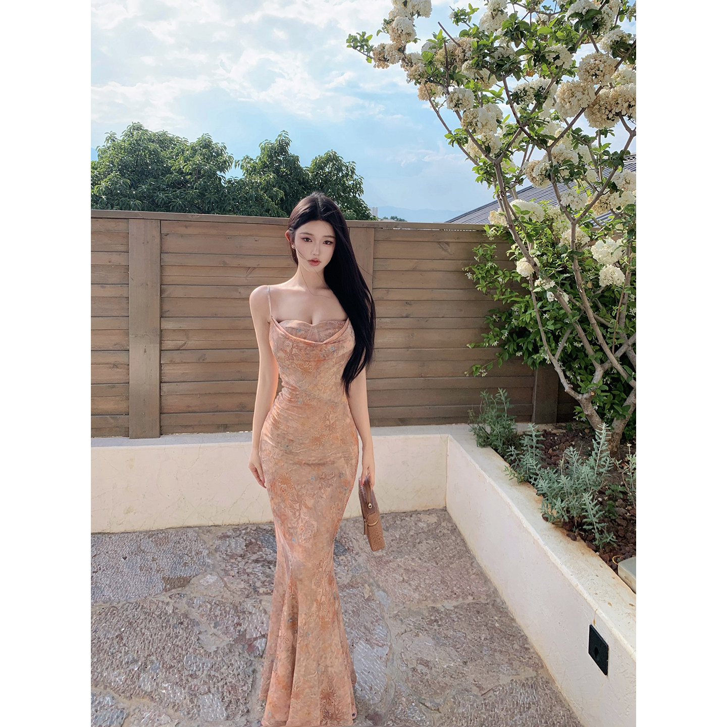 JAYKY YANG【浮花梦影】法式荡领印花吊带连衣裙修身鱼尾包臀裙