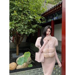 JAYKY YANG【雪绘千金】黑标粉色狐狸毛马甲立领短款无袖皮草外套