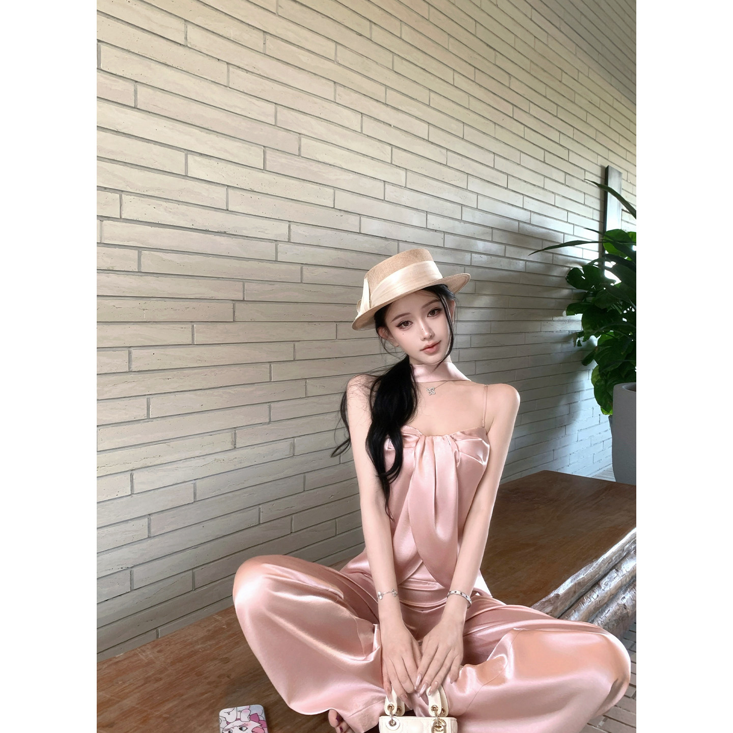 JAYKY YANG【私服系列】扭结飘带缎面上衣显瘦垂感直筒休闲裤套装