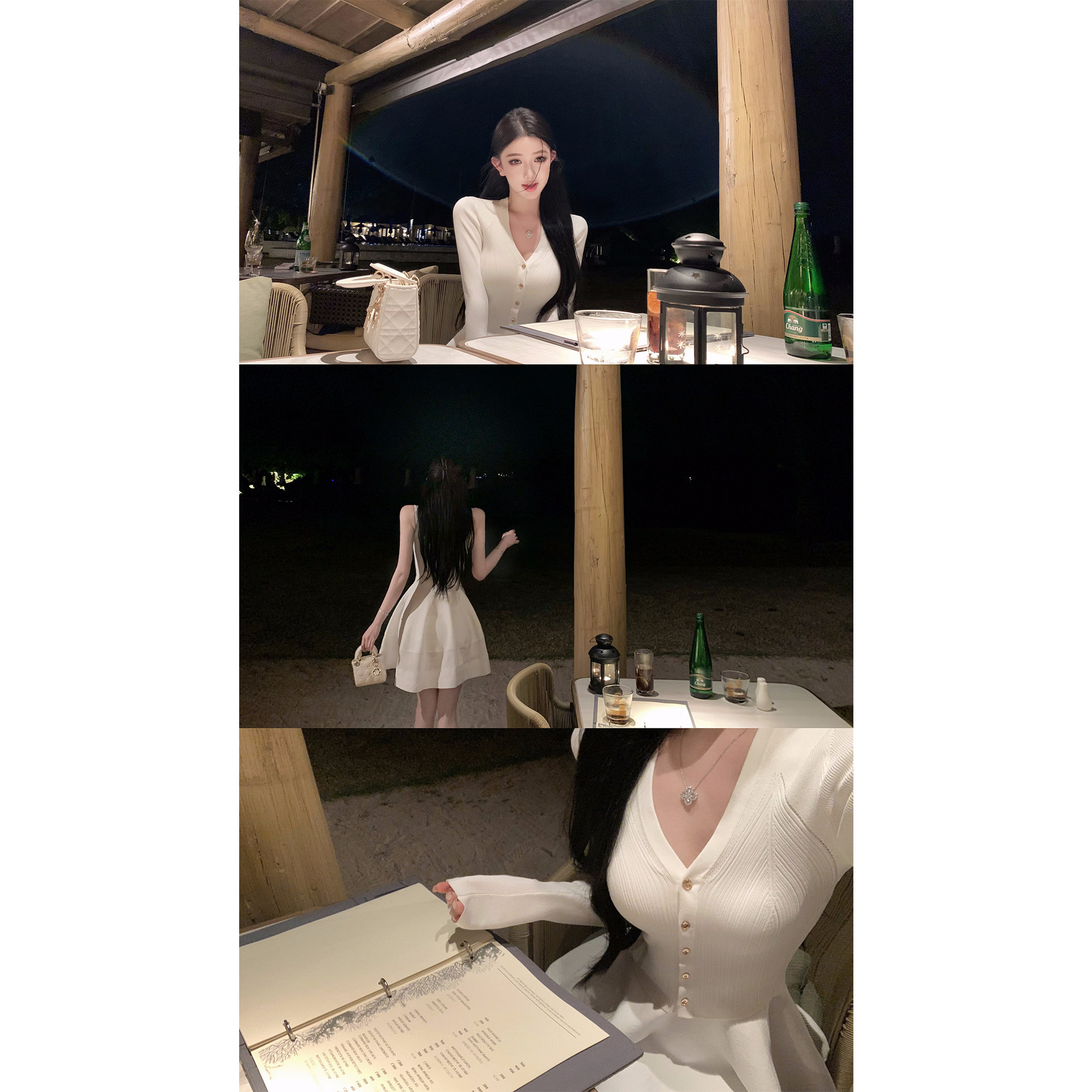 JAYKY YANG【午茶小调】收腰镂空U领针织裙女金扣V领针织开衫套装