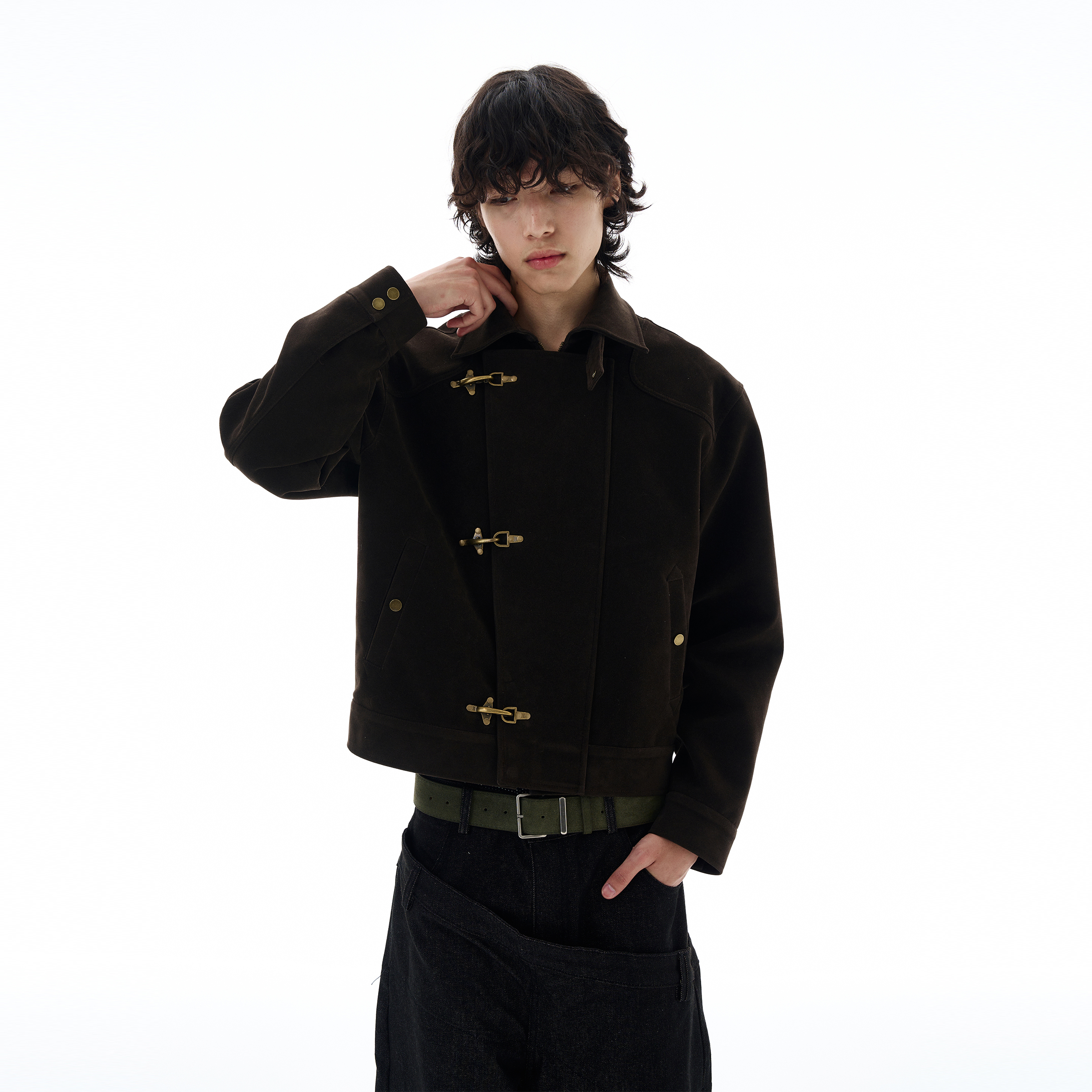 thumbnail for Tailo's shop autumn American retro airplane buckle suede jacket men's high-end sense ruffian handsome brown jacket couple trend