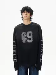 Tailang's Shop American Retro Distressed Design Long-Sleeve T-Shirt for Men, Cool and Stylish Drawstring Top, Trendy for Couples