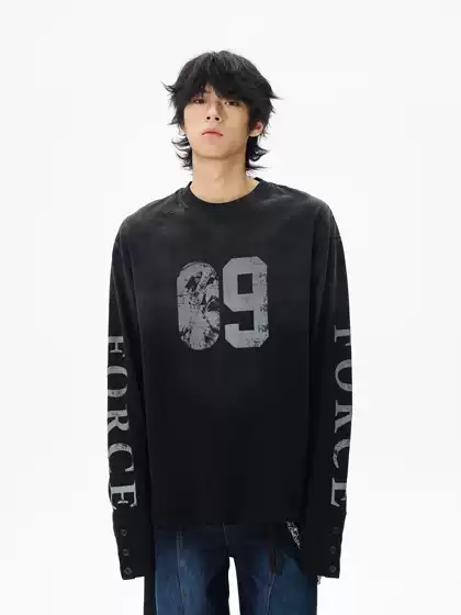 Tailang's Shop American Retro Distressed Design Long-Sleeve T-Shirt for Men, Cool and Stylish Drawstring Top, Trendy for Couples