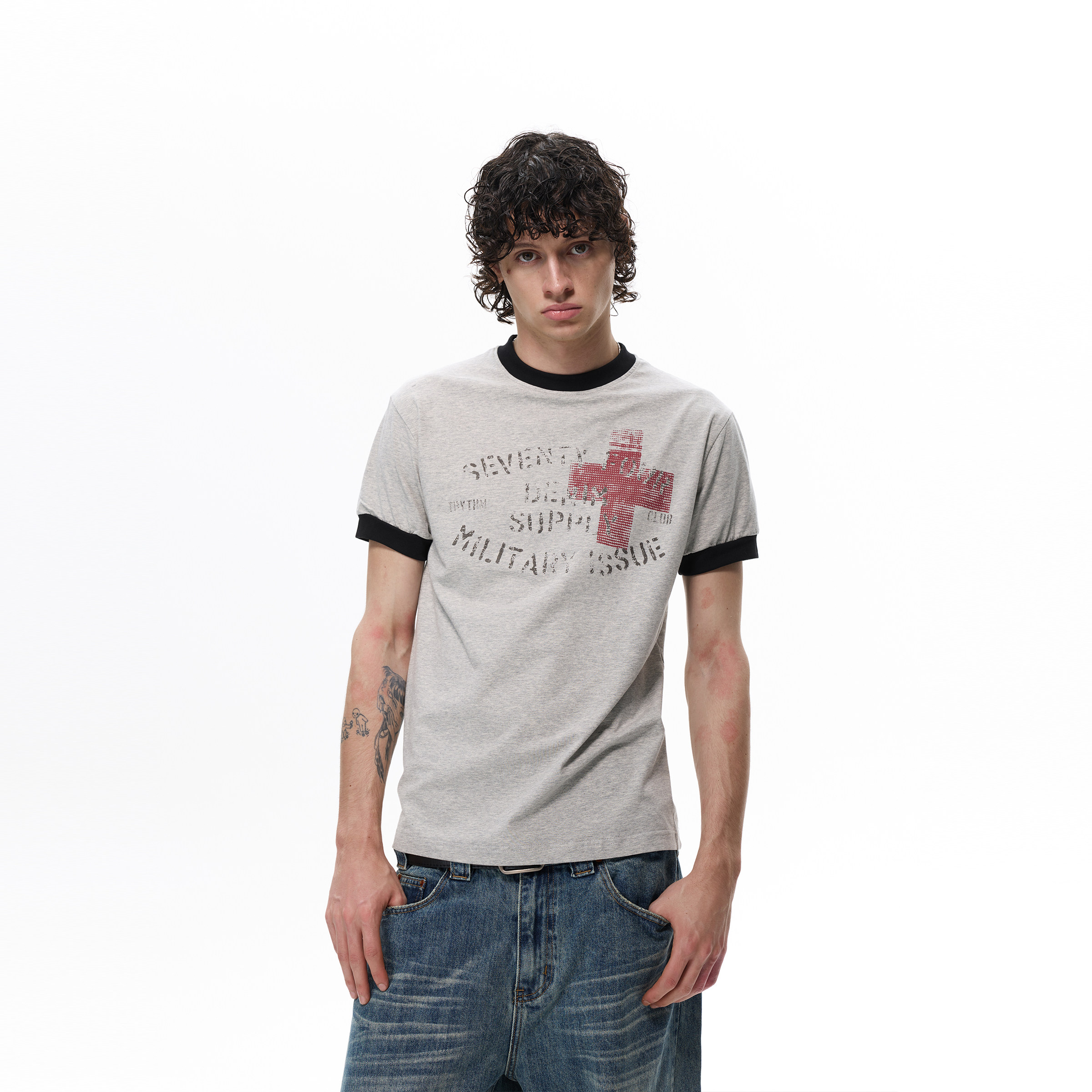 thumbnail for Tailo's shop American vintage cross print slim straight shoulder short-sleeved T-shirt men's and women's street tops couple trend